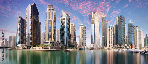 Photography Luxury Dubai Marina canal and promenade in beautiful summer day,Dubai,United Ara