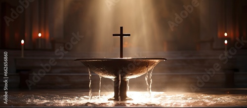 Slika na platnu Indoor church font with baptismal candle