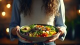 A woman holding a bowl of salad