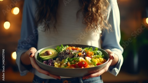 A woman holding a bowl of salad