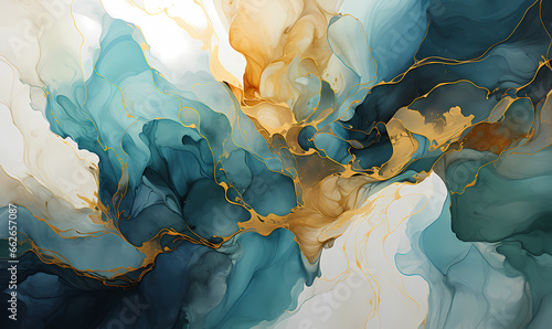 abstract watercolor painting with green, blue and gold