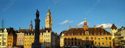 Flemish style, goddess column, old stock exchange and Lille's Belfry at world cup rugby period 