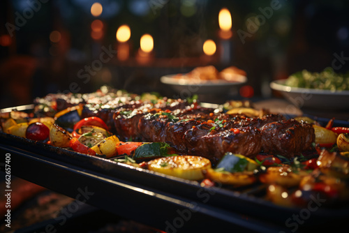 Barbeque grill with delicious grilled meat and vegetables on blurred party people background