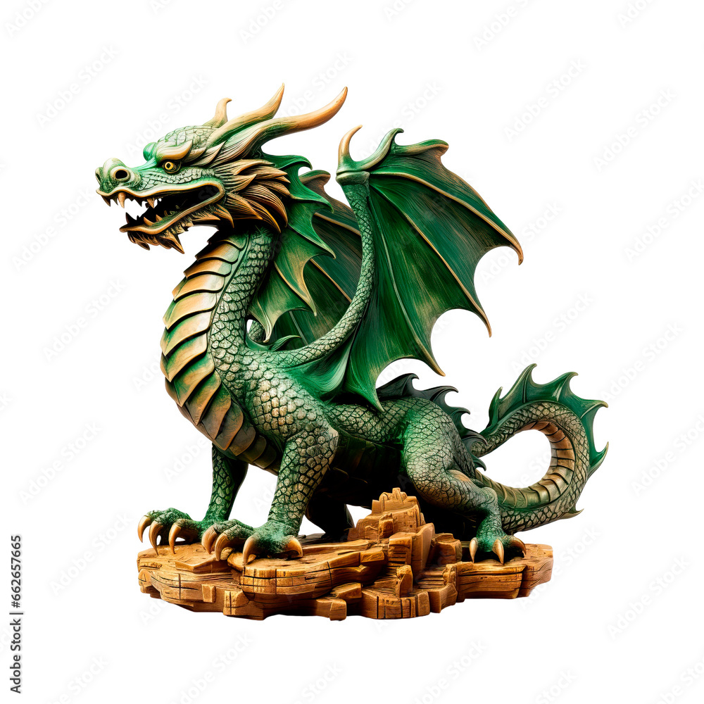 Green wooden dragon statue. Isolated on transparent background 