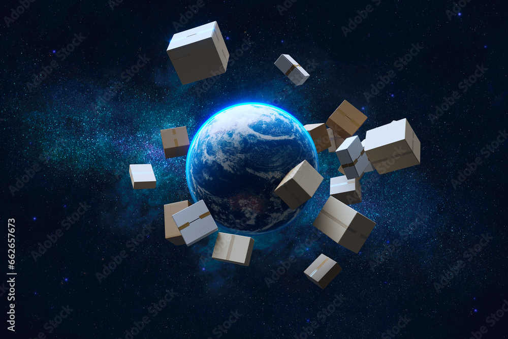 Delivery concept. Spawning cardboard boxes from the planet earth surface.
