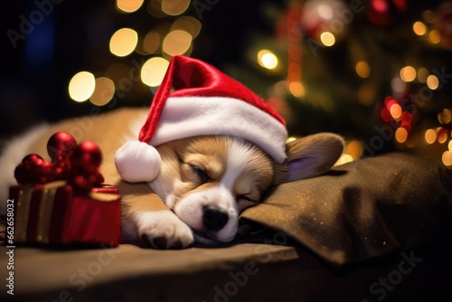 Cute corgi puppy dog wearing santa hat sleeping under the christmas tree. bokeh background
