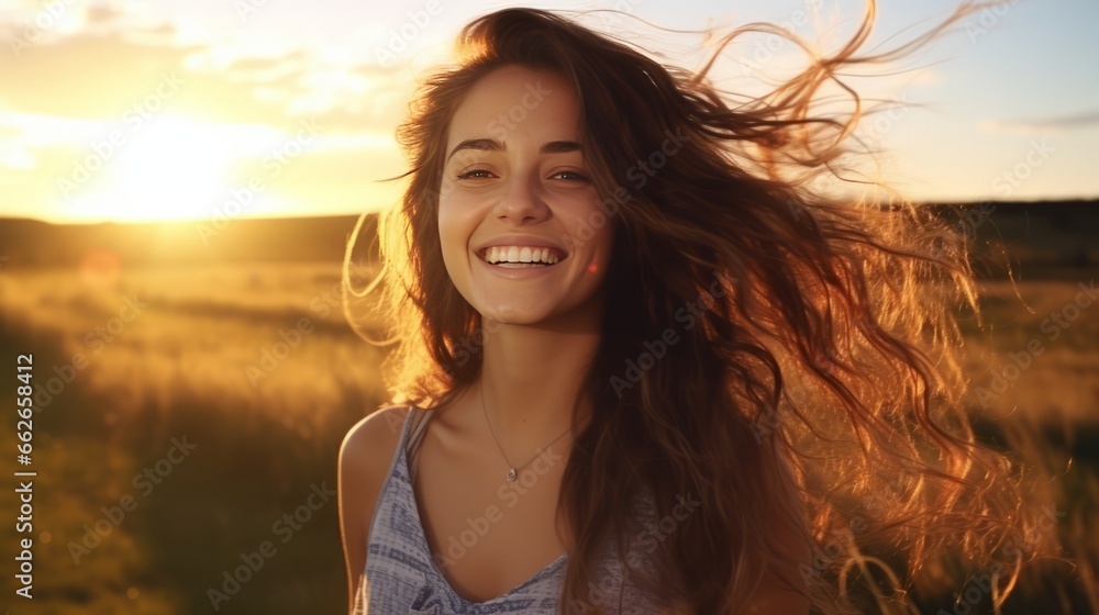 A woman with flowing hair standing in a picturesque field