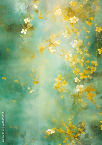 his dreamy tempera art decoupage background, drenched in soft green and gold, evokes a sense of romantic fantasy, creating an enchanting and whimsical mood with an elegant touch of the surreal.