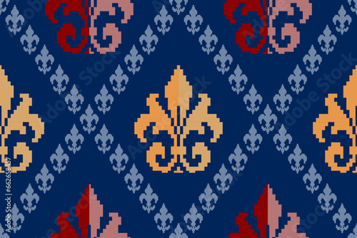 Indigo navy blue geometric traditional ethnic pattern Ikat seamless pattern border abstract design for fabric print cloth dress carpet curtains and sarong Aztec African Indian Indonesian