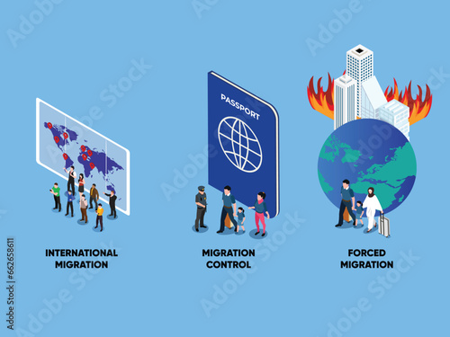 Population displacement, refugees metaphors. Forced and international migration isometric 3d vector illustration concept for banner, website, illustration, landing page, flyer, etc