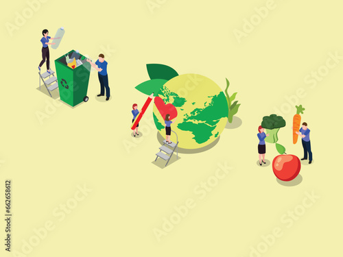 World environment day with people are taking care of the earth by gardening and cleaning isometric 3d vector illustration concept for banner, website, illustration, landing page, flyer, etc