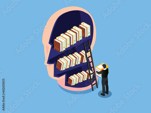 Books library in head shape. Businessman standing on the stairs and reaching for the book 3d vector illustration concept for banner, website, illustration, landing page, flyer, etc