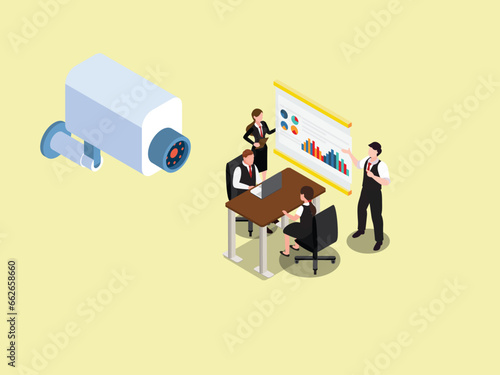 Business meeting monitored by cctv isometric 3d vector illustration concept for banner, website, illustration, landing page, flyer, etc