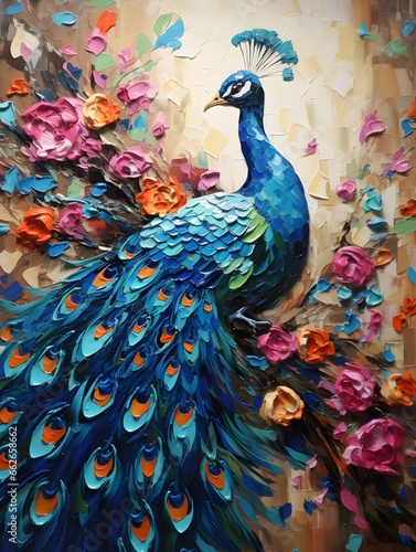 This painting, created with a palette knife, beautifully captures the joyful celebration of nature in the mesmerizing colors and intricate feathers of a peacock.