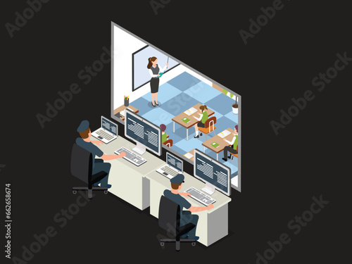 Private school with security cctv in class isometric 3d vector illustration concept for banner, website, illustration, landing page, flyer, etc
