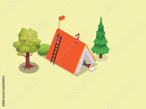 Book festival and fair concept. Little girl reading in the open huge book, opened as a home isometric 3d vector illustration concept for banner, website, illustration, landing page, flyer, etc