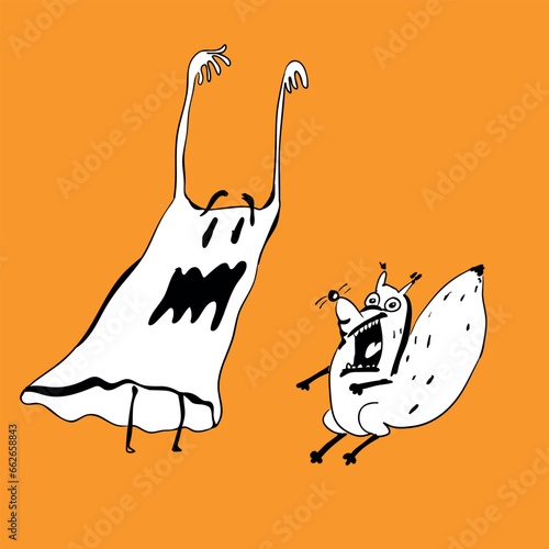 Illustration of cute ghost and funny squirrel