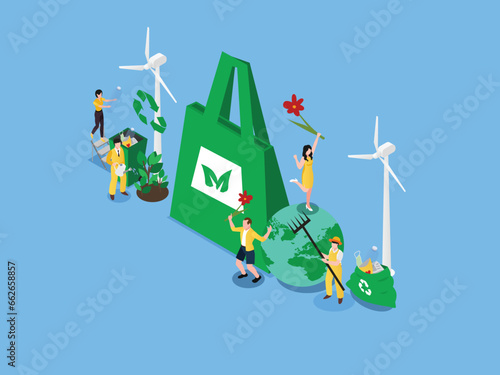 Paper bag surrounded by people, plants, windmill, metaphor of ecological lifestyle isometric 3d vector illustration concept for banner, website, illustration, landing page, flyer, etc