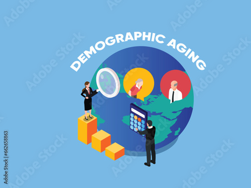 Male and female characters studying demographic aging together isometric 3d vector illustration concept for banner, website, illustration, landing page, flyer, etc