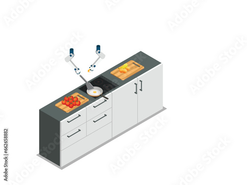 Robotic assistant innovation technology artificial intelligence concept modern kitchen isometric 3d vector illustration concept for banner, website, illustration, landing page, flyer, etc