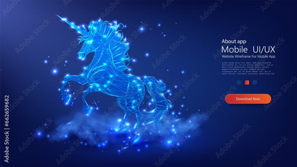 Digital Unicorn in Blue Neon Lights: UI,UX Design Concept for Mobile App. Modern lowpoly style. Vector illustration