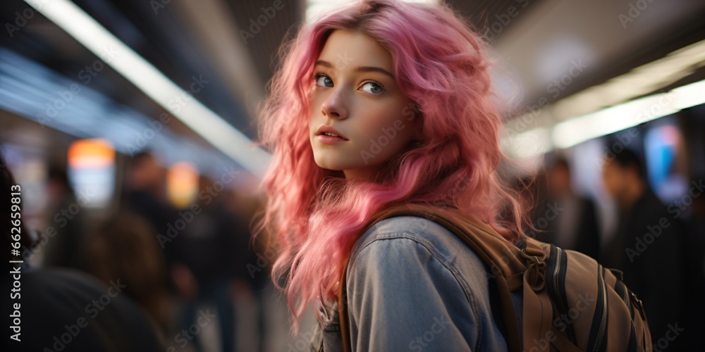 cool young girl with pink hair on a futuristic train station cool young girl with pink hair on a futuristic train station