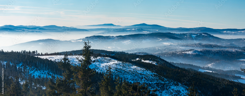 Moravskoslezske Beskydy mountains from Barania gora hill summit in winter Beskid Slaski mountains in Poland