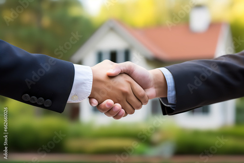 A close-up shows a real estate agent and a buyer shaking hands in front of a new home, signaling the completion of a sale