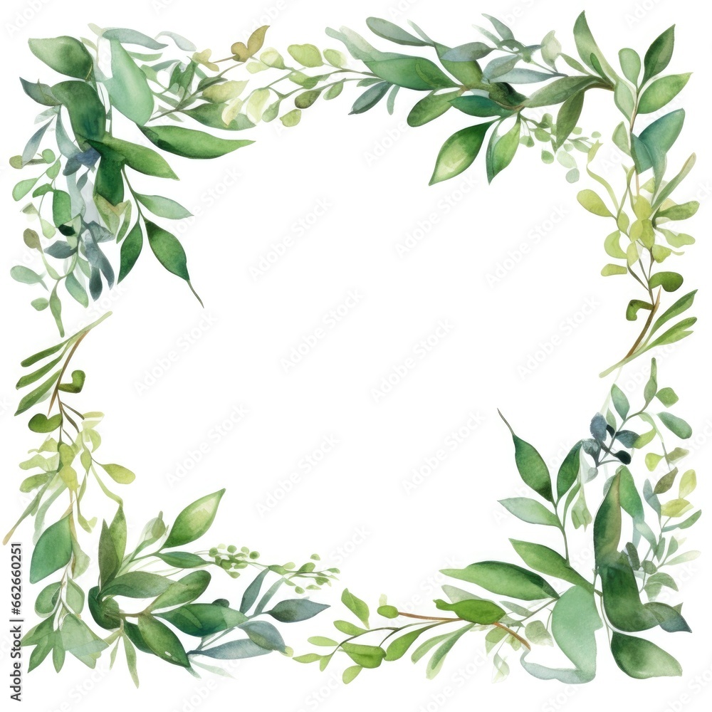 square frame of watercolor tropical green leaves on white background square frame of watercolor tropical green leaves on white background