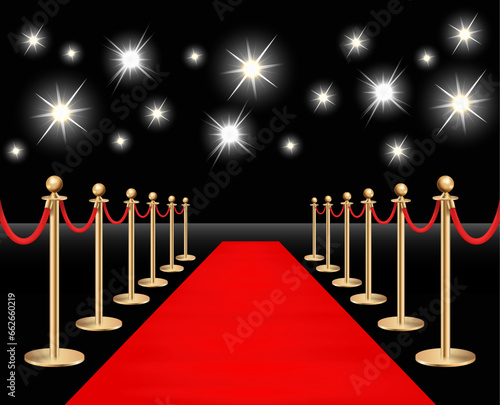 Red carpet and golden barriers with sparkling spotlights. Realistic fence with rope on black background. Vector illustration.

