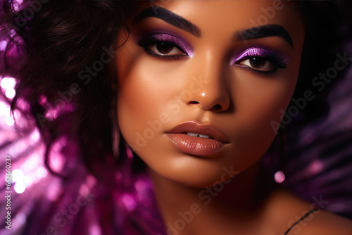 Vibrant Latina Beauty: Close-Up Glam Makeup in Purple and Pink