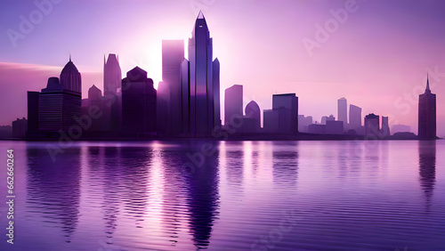 Skyline di fantastica città sulle rive dell’oceano. Una futuristica città si staglia all’orizzonte in controluce. Il sole, ormai al tramonto.