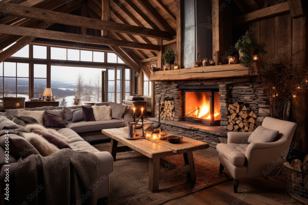 A cabin living room in the Swedish countryside, with rugged wooden beams, a roaring fireplace. Textured cushions and sheepskin throws add a touch of luxury to the rustic ambiance