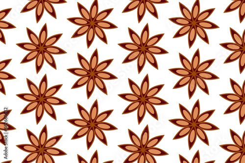 Star anise on white background seamless pattern. Aromatic spice brown backdrop. Holiday aroma. Natural scent elements.