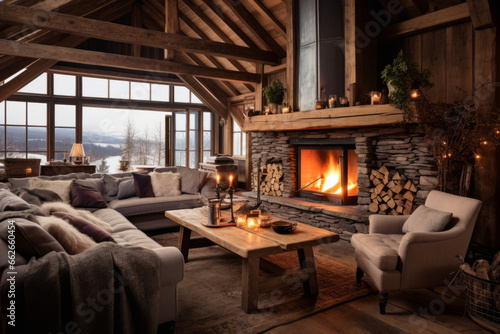 A cabin living room in the Swedish countryside, with rugged wooden beams, a roaring fireplace. Textured cushions and sheepskin throws add a touch of luxury to the rustic ambiance © GustavsMD