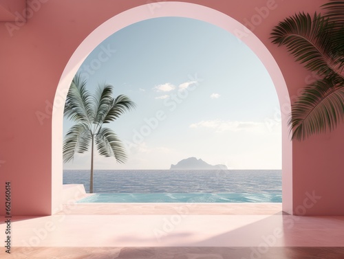 Abstract architectural design on the backdrop of the ocean with sunset and sunrise on the beach. Bright arches in the wall overlooking the sea and tropical palm trees - card for travel.  