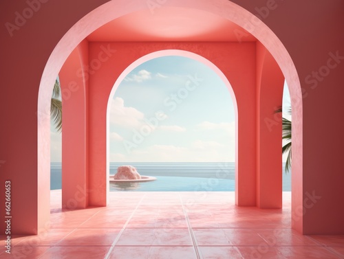 Abstract architectural design on the backdrop of the ocean with sunset and sunrise on the beach. Bright arches in the wall overlooking the sea and tropical palm trees - card for travel. 