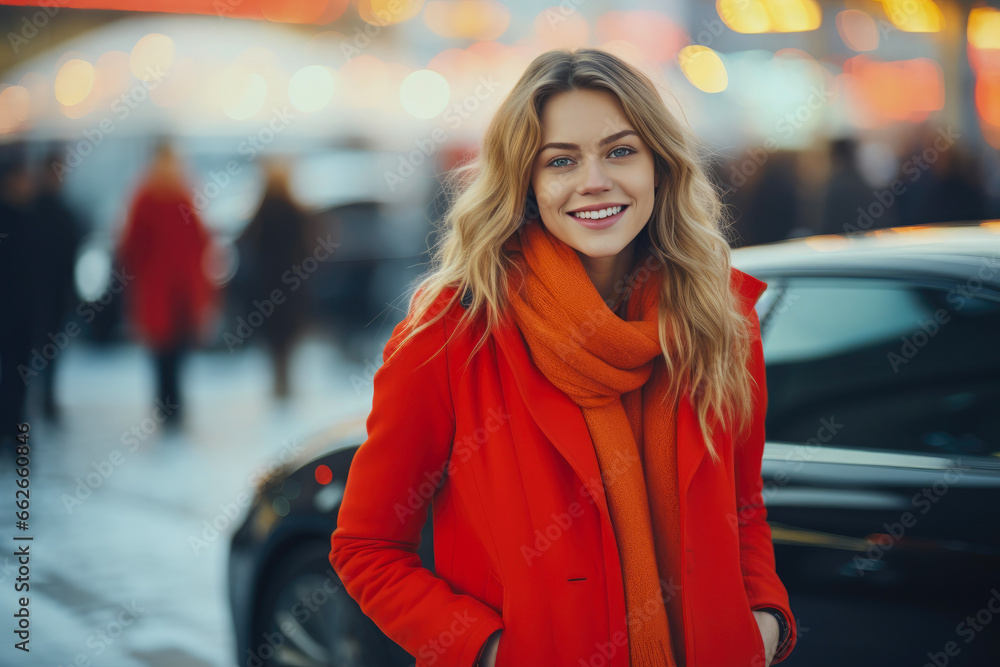 Joyful Moments: Smiling Woman Enjoying Winter with Her Car Joyful Moments: Smiling Woman Enjoying Winter with Her Car