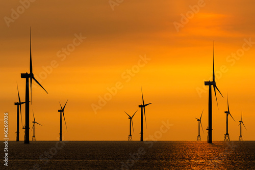 Sunset view of the Offshore wind power systems off the western coast of Taiwan.