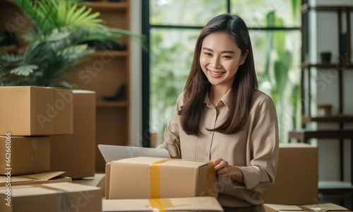 Asian woman using a laptop with packaging boxes, online marketing ,delivery and SME concept.