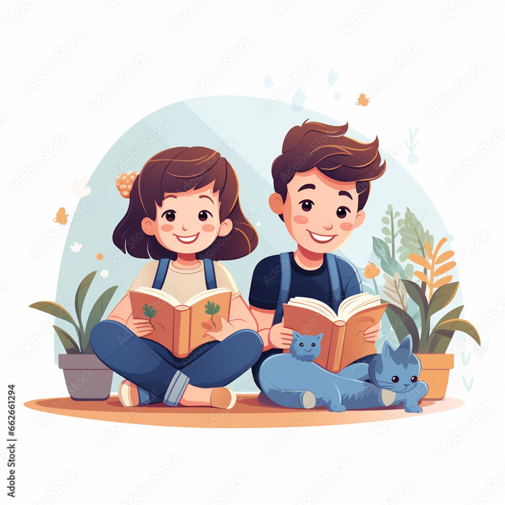 flat desing Cute boy and girl are relaxing and enjoying reading books flat desing Cute boy and girl are relaxing and enjoying reading books