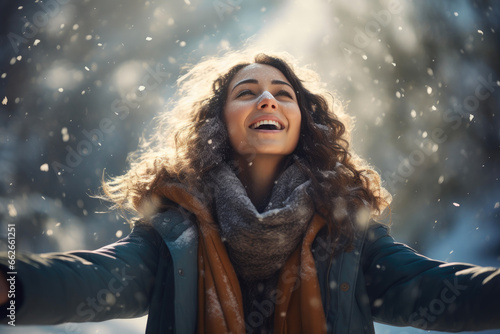 Winter Reverie: Joyous Lady Embracing the Cold