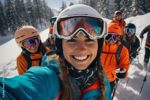 Smiling Skiers Capture Group Selfie