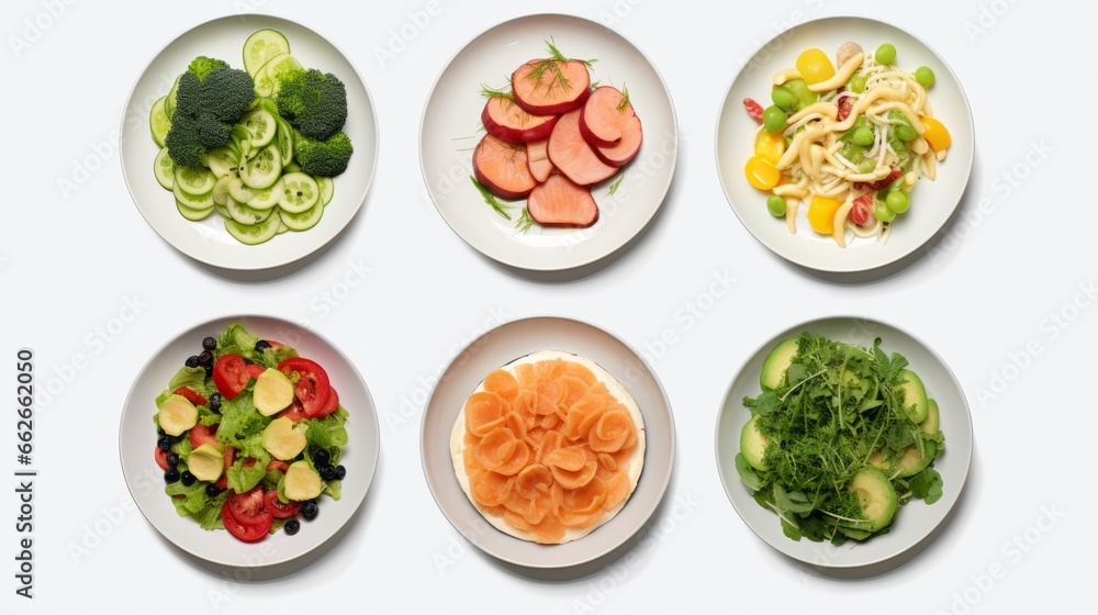 A colorful assortment of dishes on a pristine white plate