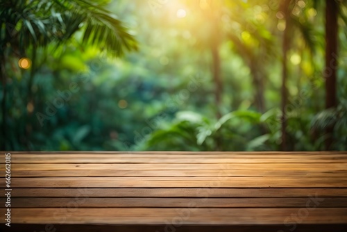 Empty wood table top with blur jungle background with bokeh light. Generative AI.