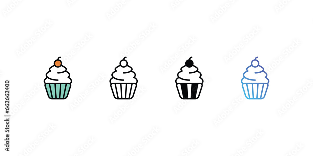 Cup Cake icons, color, line, glyph, gradient, Blue icon, Food icon in five variations stock illustration.