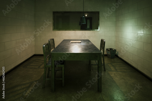 Dark, empty interrogation room seen through the one-way mirror. Investigation