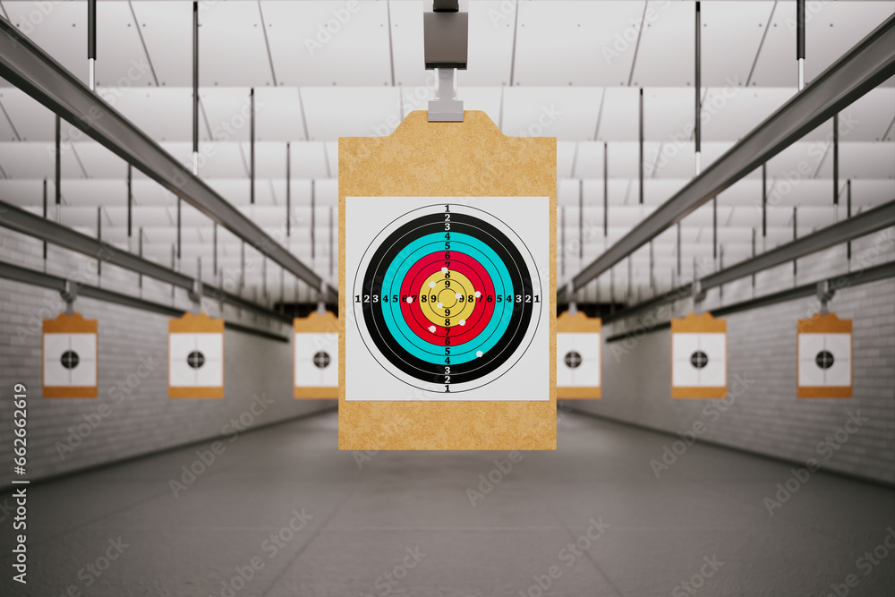 Shooting range with target riddling by bullets. Training practice or competition