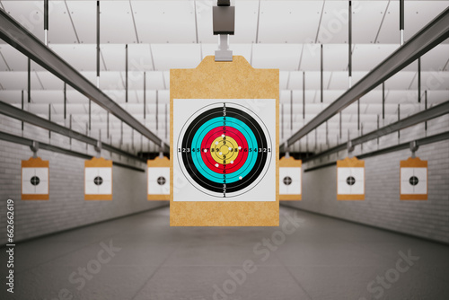 Obraz na płótnie Shooting range with target riddling by bullets. Training practice or competition w salonie
