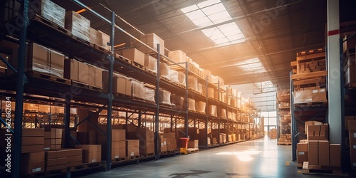 AI Generated. AI Generative. Modern warehouse room indoor box at sunset. Shipping logistic storage space. Can be used for shipping storage industry promotion